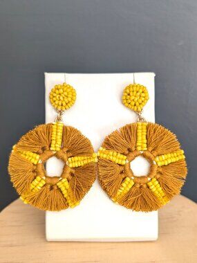 Yellow beaded and thread fringe statement earrings